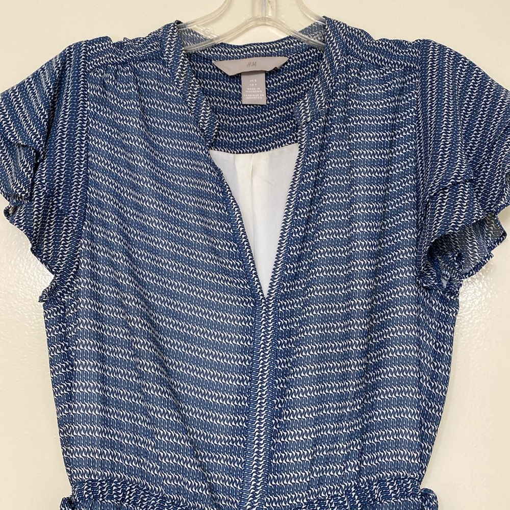 Blue and White Boho Print Flutter Sleeve Dress - Picture 2 of 5